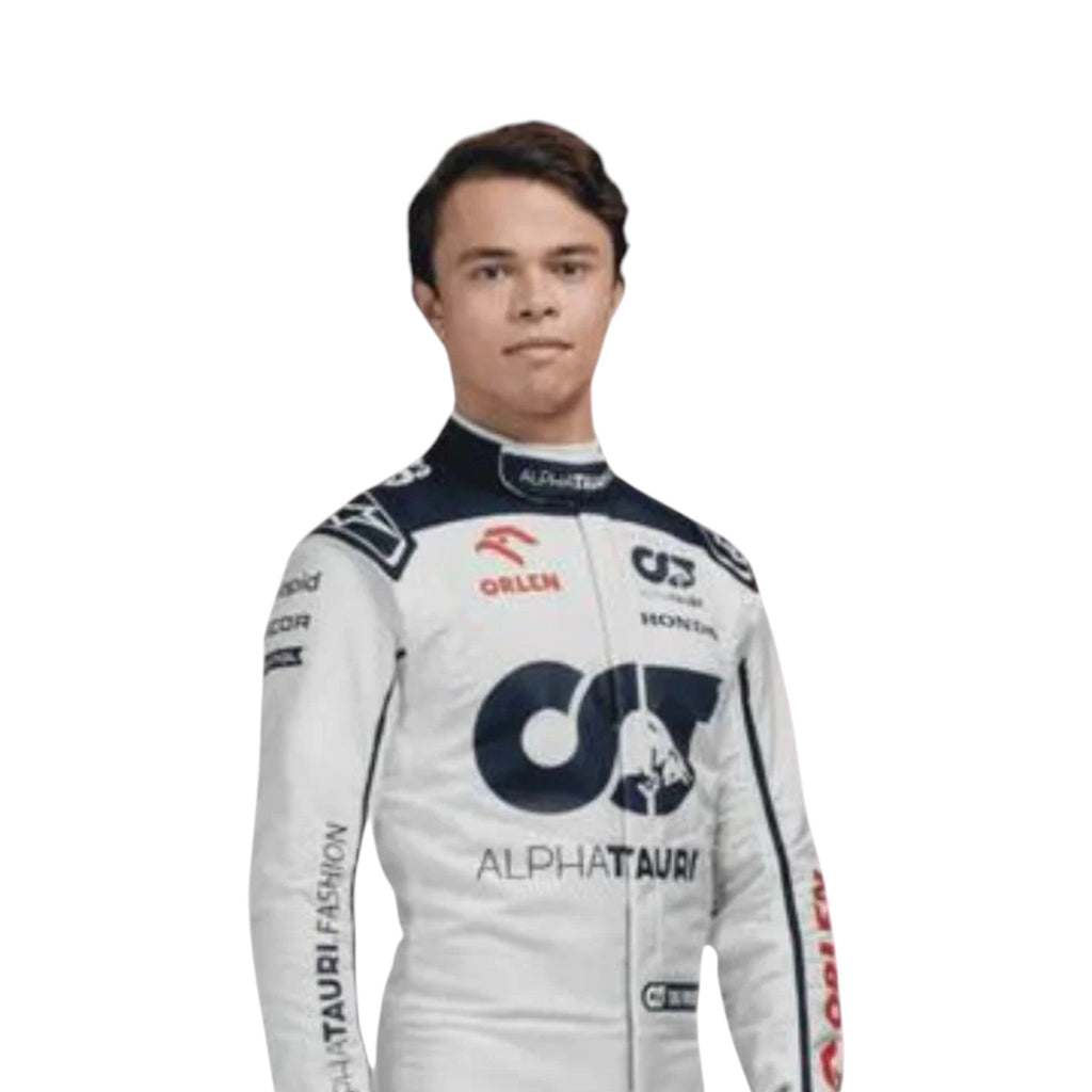 Nyck de Vries 2023 AlphaTauri F1 race suit in white with navy blue detailing and sponsor logos