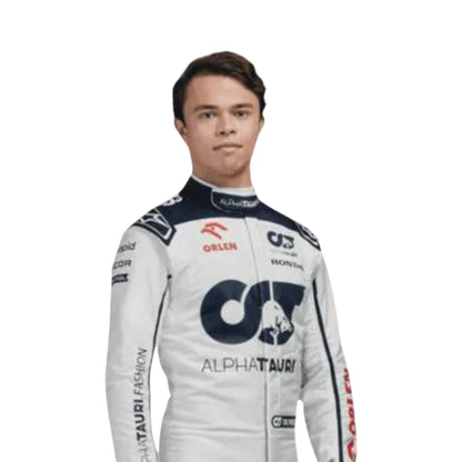 Nyck de Vries 2023 AlphaTauri F1 race suit in white with navy blue detailing and sponsor logos