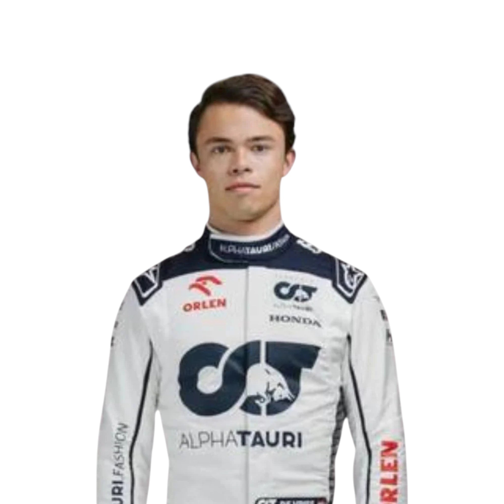 Nyck de Vries 2023 AlphaTauri F1 race suit in white with navy blue detailing and sponsor logos