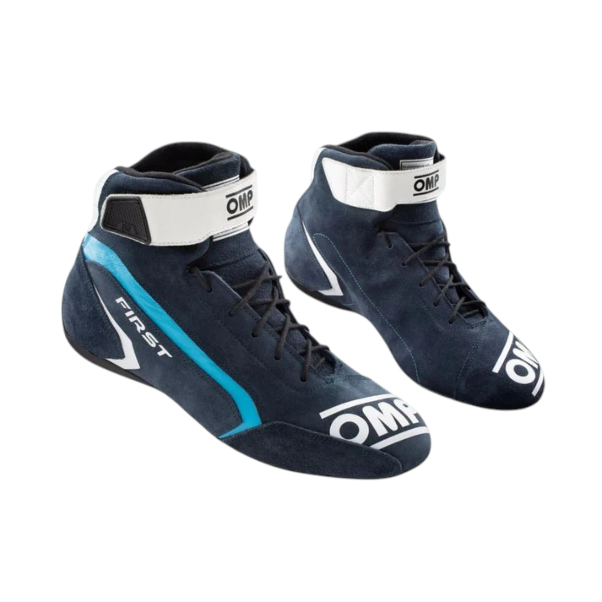 OMP First racing shoes featuring navy blue, white and light blue OMP styling with motorsport detailing
