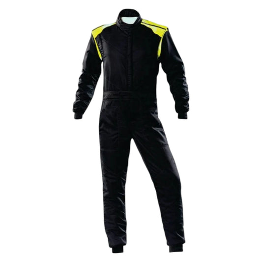 OMP Nomex Kart Racing Suit in black and yellow featuring a high collar and contrasting shoulder panels