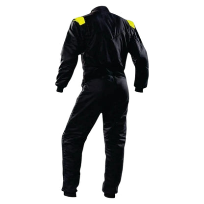 OMP Nomex Kart Racing Suit in black and yellow featuring a high collar and contrasting shoulder panels