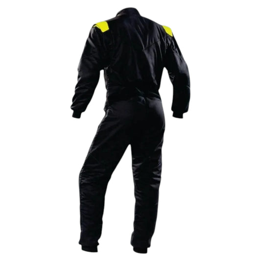 OMP Nomex Kart Racing Suit in black and yellow featuring a high collar and contrasting shoulder panels