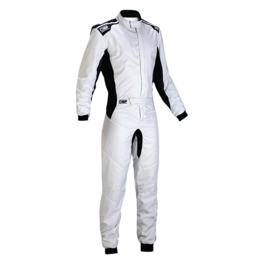 OMP One S Nomex Racing Suit in white and black featuring OMP branding, black side panels, and FIA certification label