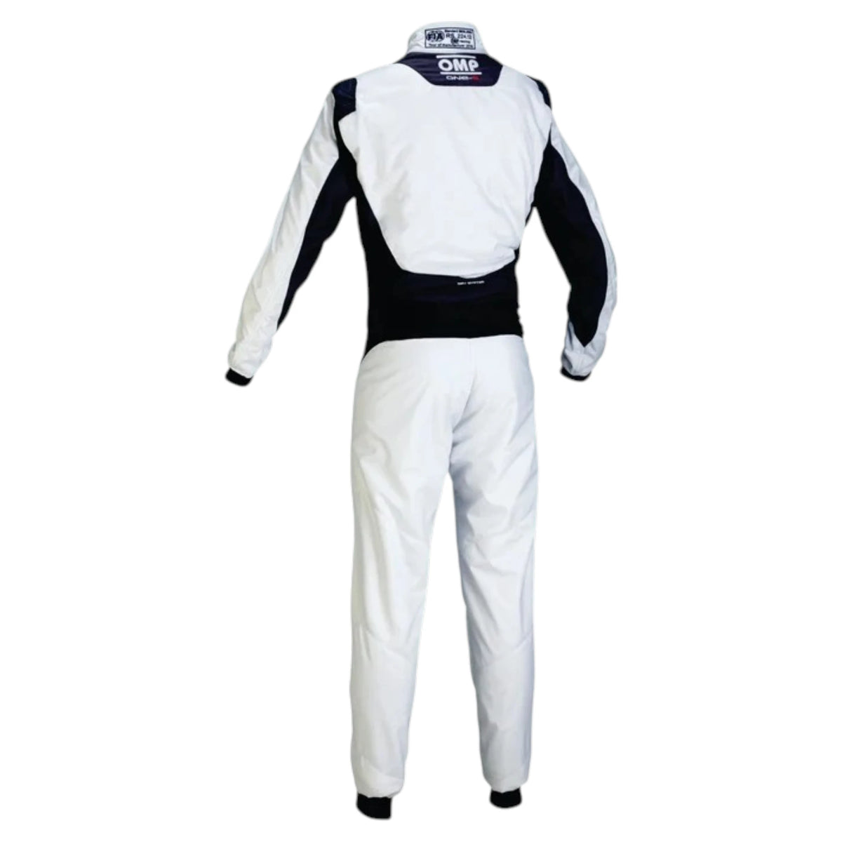 OMP One S Nomex Racing Suit in white and black featuring OMP branding, black side panels, and FIA certification label