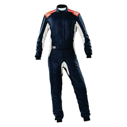 OMP One S Nomex Racing Suit in navy, white and orange featuring OMP branding, black side panels, and FIA certification label