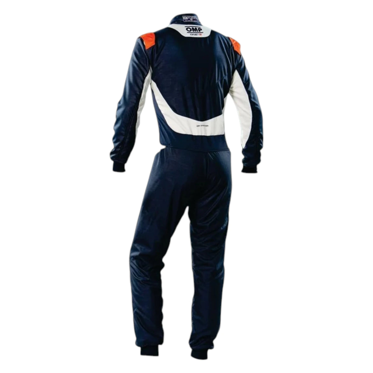 OMP One S Nomex Racing Suit in navy, white and orange featuring OMP branding, black side panels, and FIA certification label