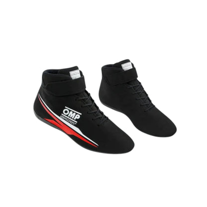 OMP Sport racing shoes featuring black, red and white OMP styling with motorsport detailing