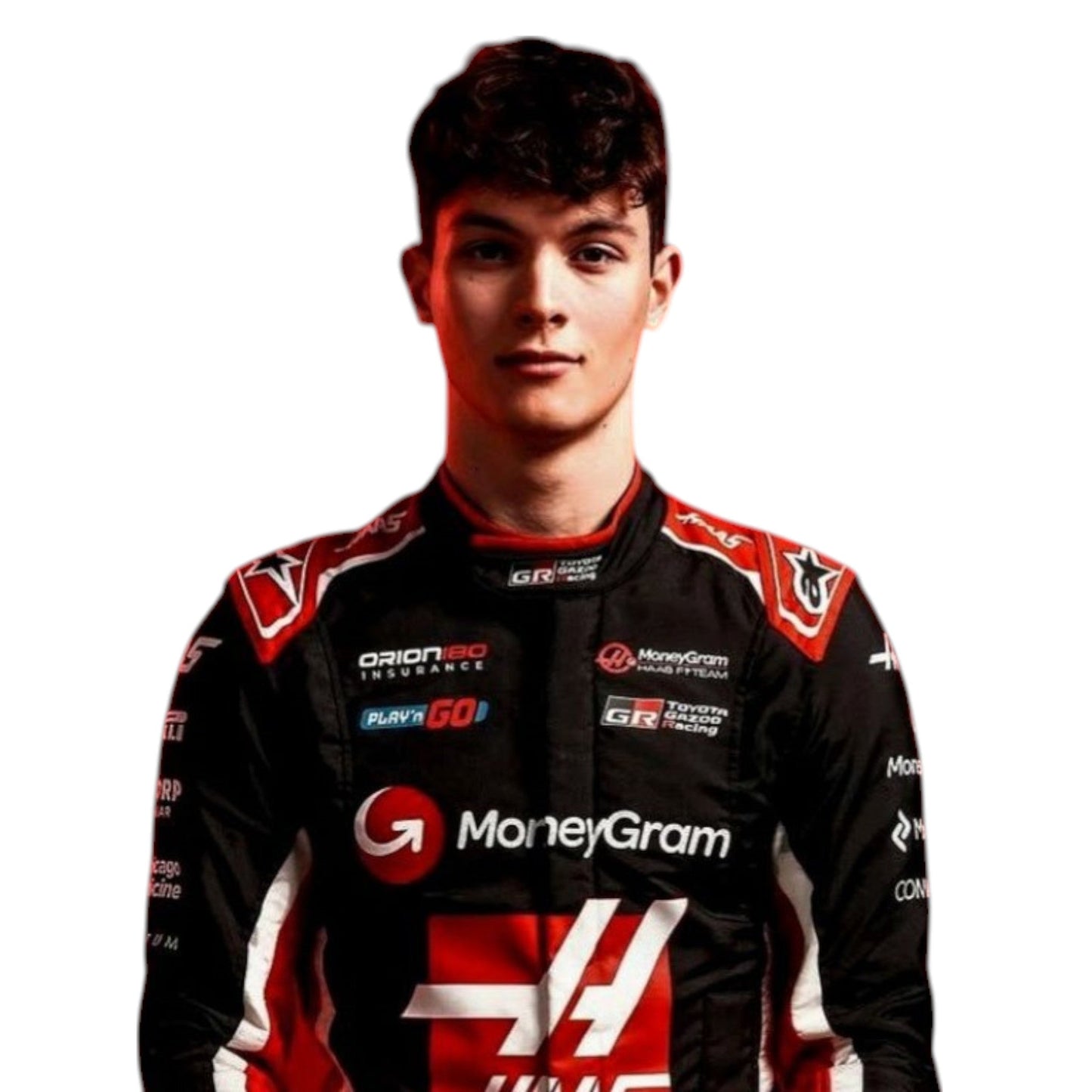 Oliver Bearman 2025 Haas F1 race suit in black, white, and red with sponsor branding and detailed VF 25 team design and logos