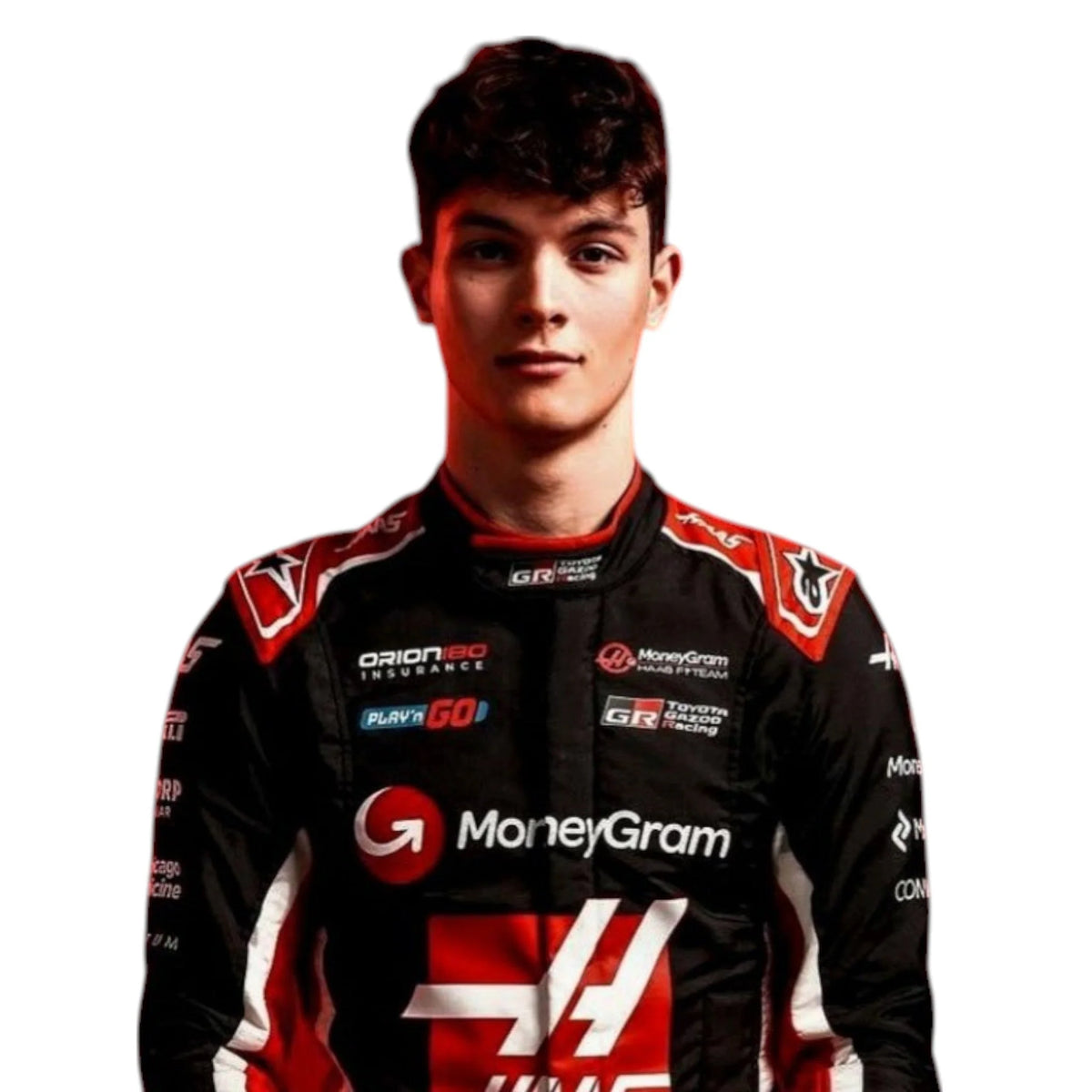 Oliver Bearman 2025 Haas F1 race suit in black, white, and red with sponsor branding and detailed VF 25 team design and logos