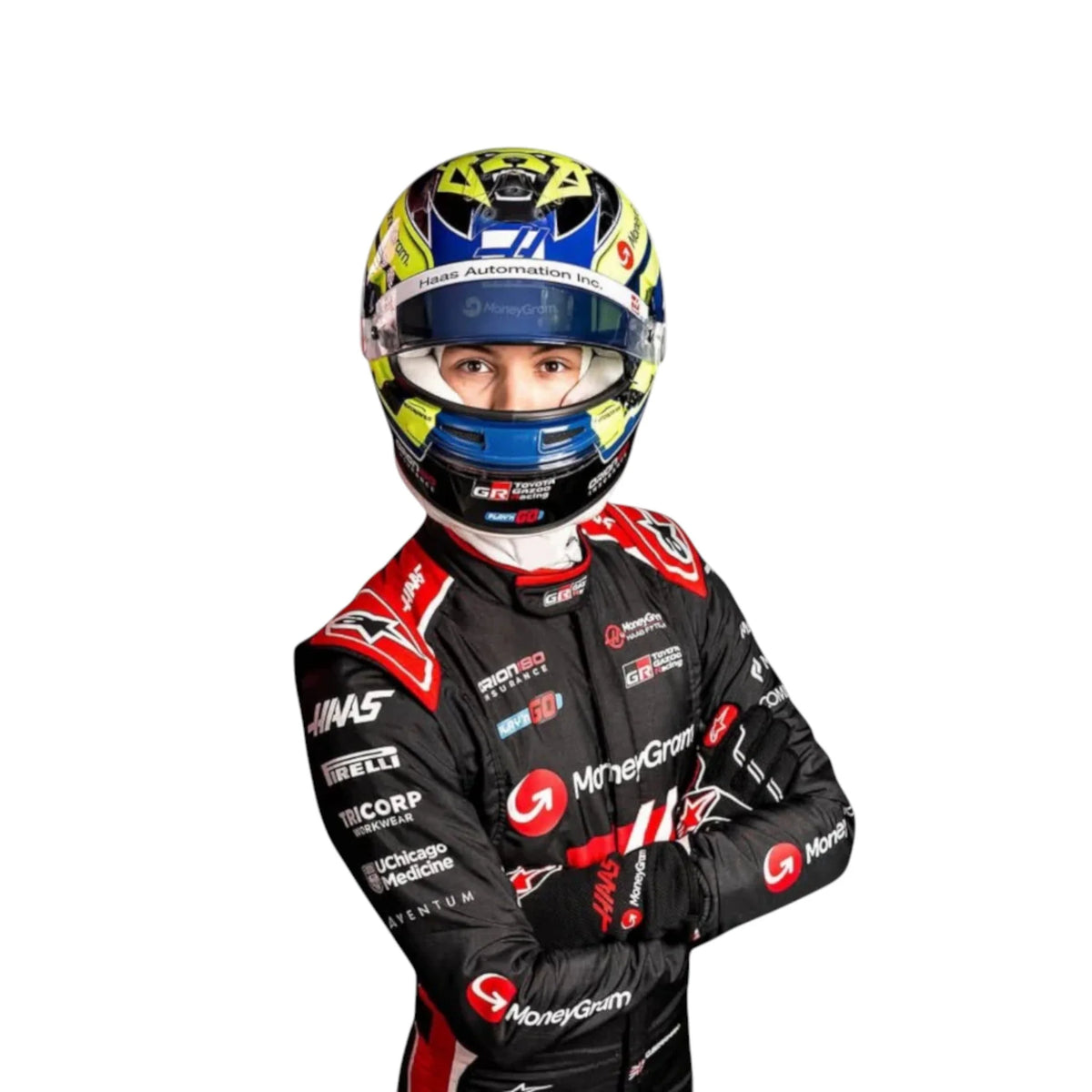 Oliver Bearman 2025 Haas F1 race suit in black, white, and red with sponsor branding and detailed VF 25 team design and logos