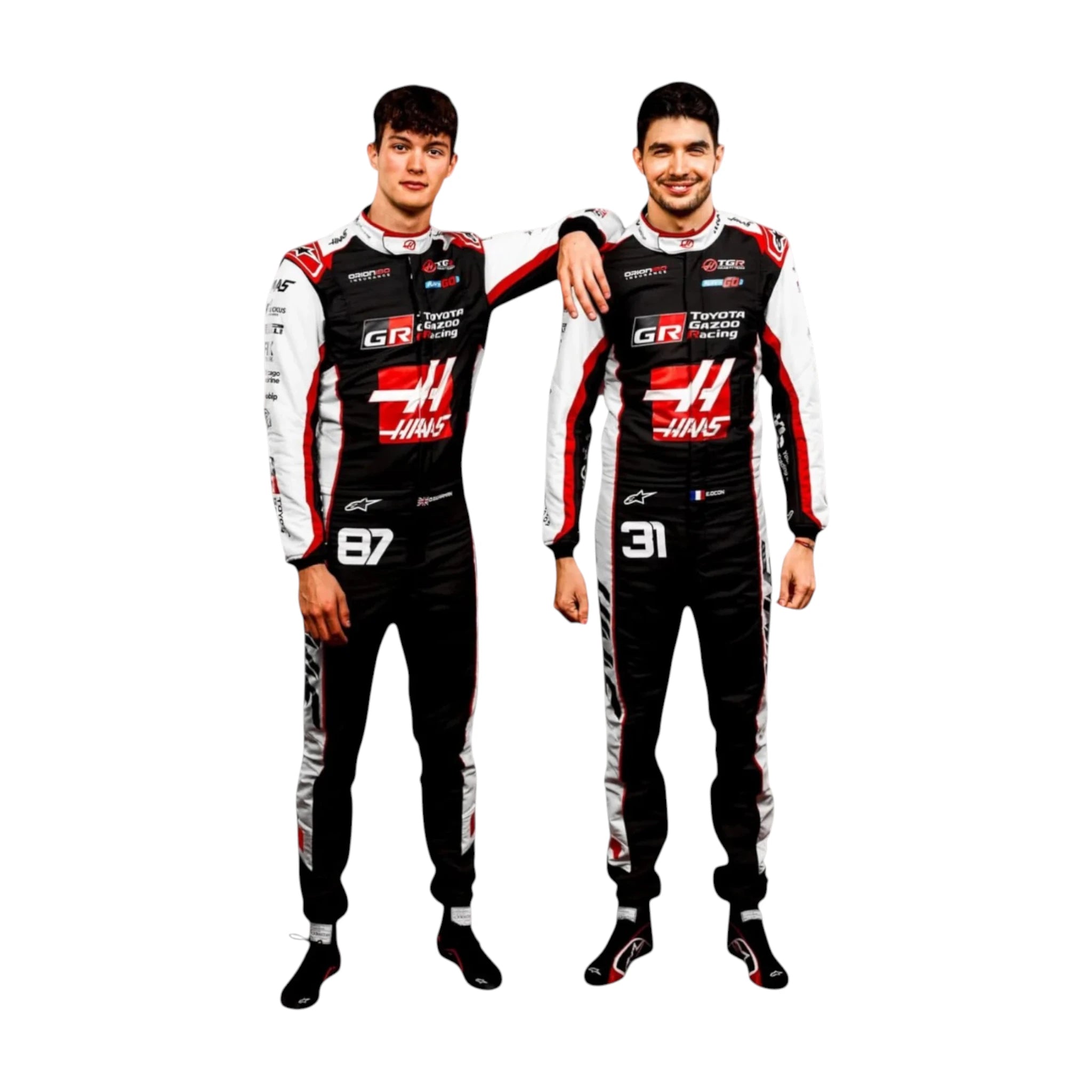 Oliver Bearman 2026 Haas F1 race suit in black, white, and red with sponsor logos