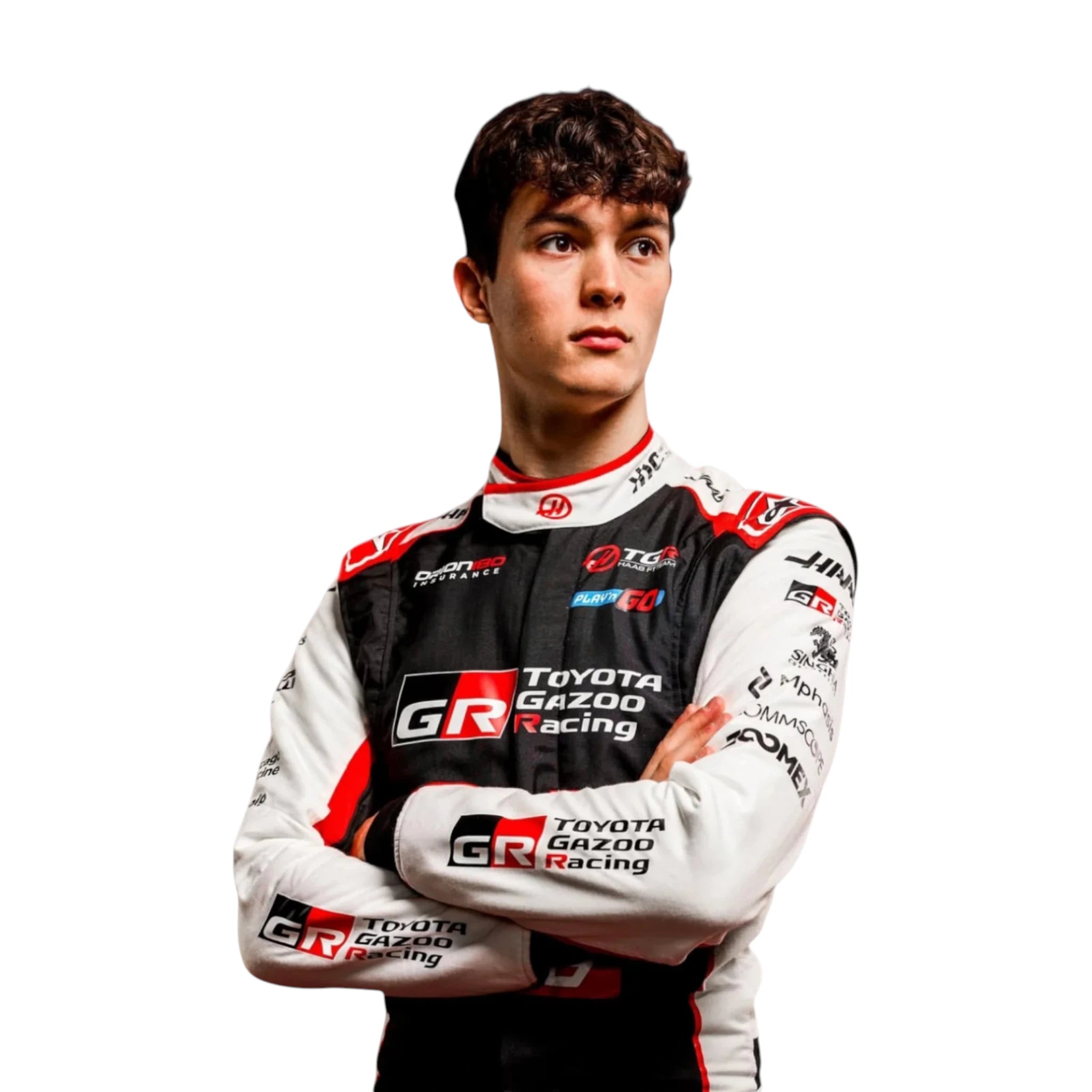 Oliver Bearman 2026 Haas F1 race suit in black, white, and red with sponsor logos