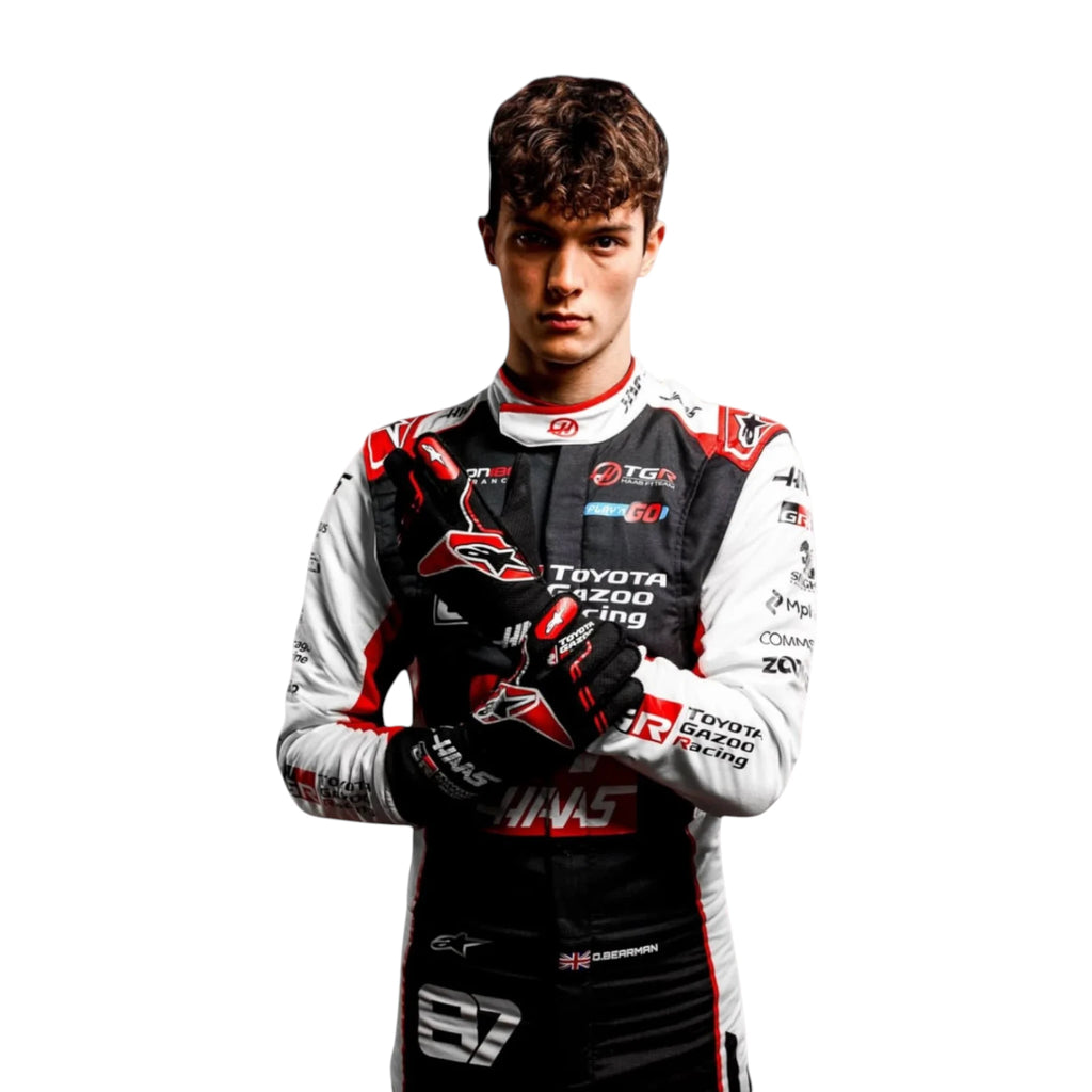Oliver Bearman 2026 Haas F1 race suit in black, white, and red with sponsor logos