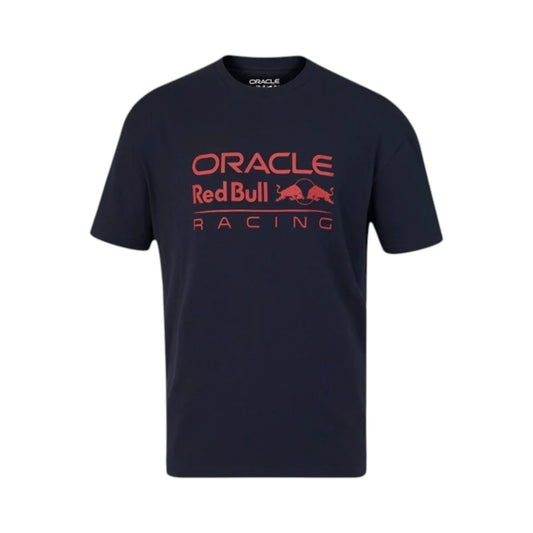 Oracle Red Bull Racing F1 T-Shirt in navy blue with large red Oracle Red Bull Racing logo printed across the chest