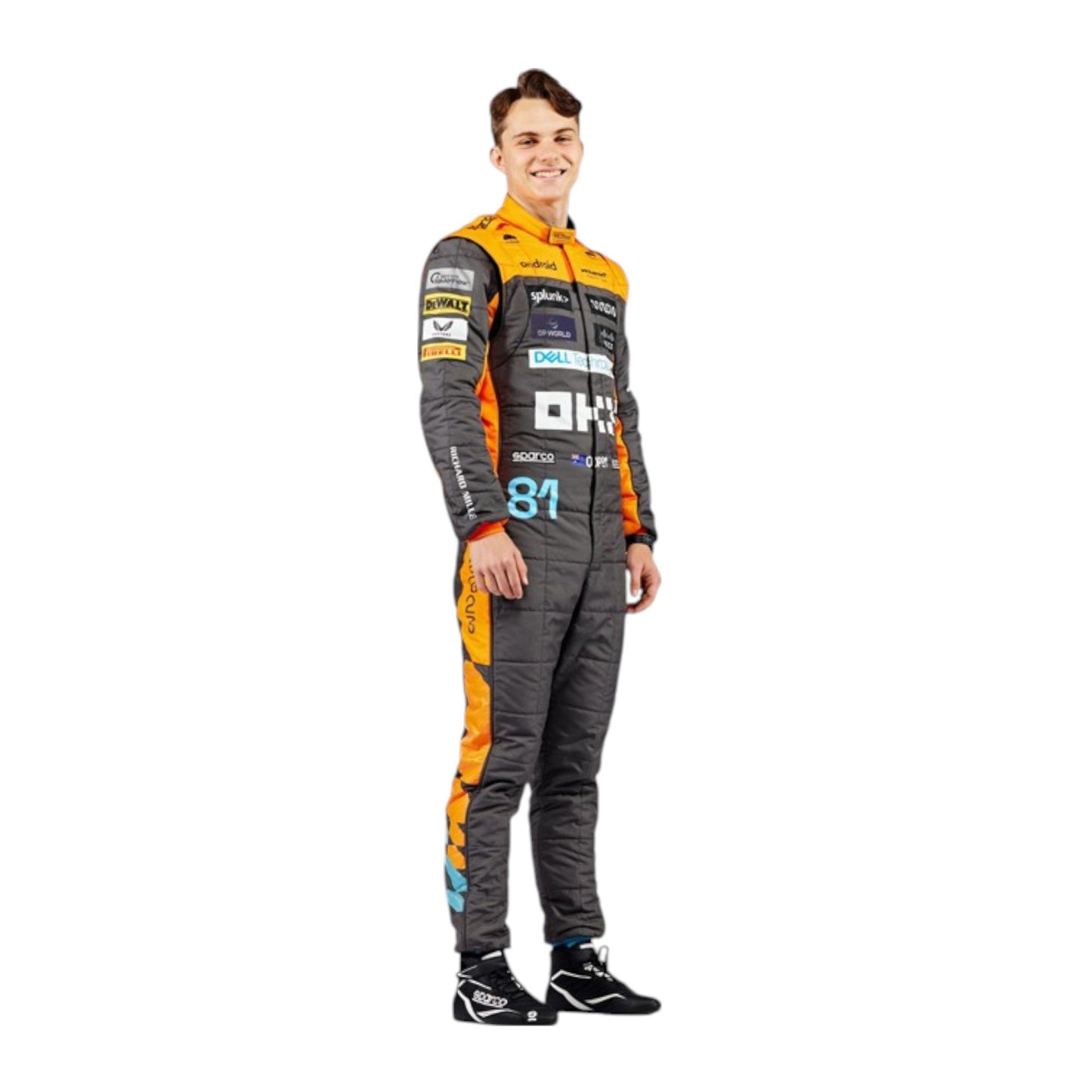 Oscar Piastri 2023 McLaren F1 race suit in papaya orange, dark grey, and blue with sponsor branding