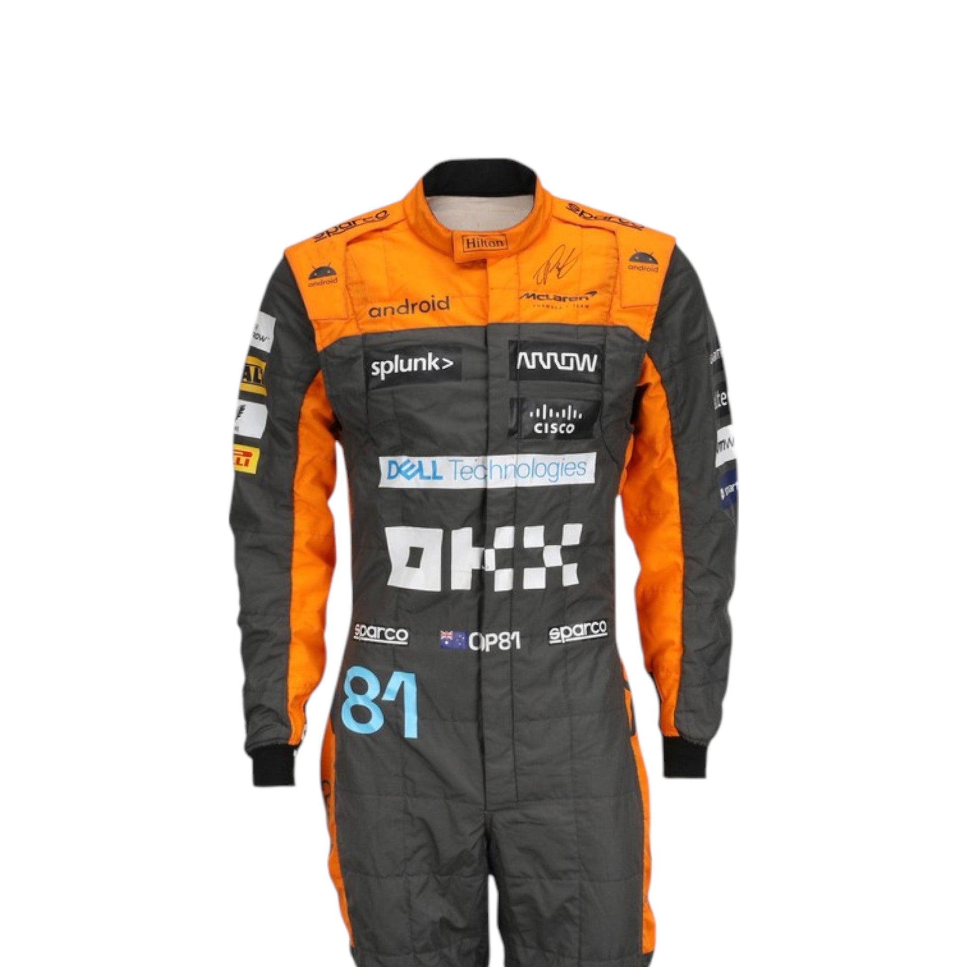 Oscar Piastri 2023 McLaren F1 race suit in papaya orange, dark grey, and blue with sponsor branding