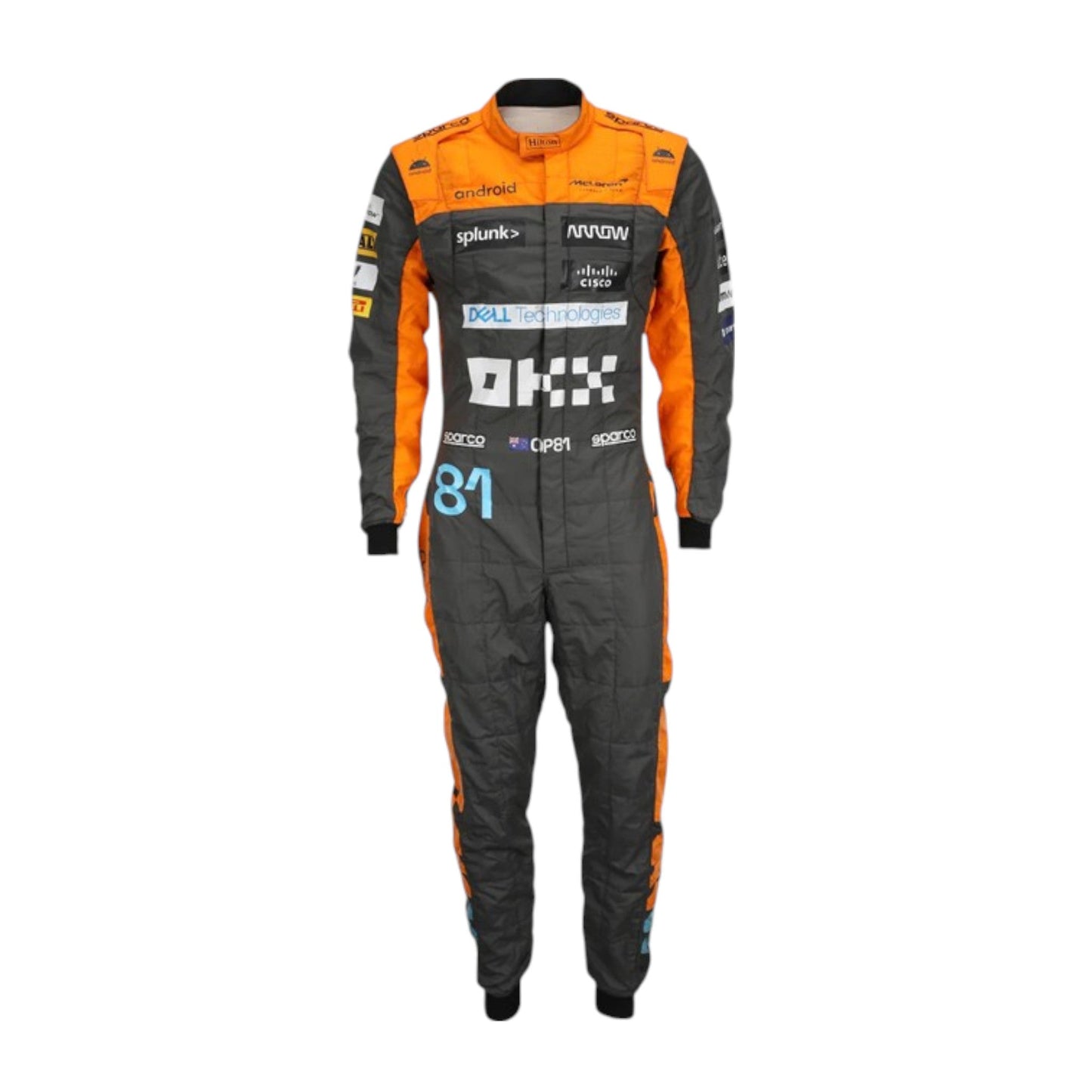 Oscar Piastri 2023 McLaren F1 race suit in papaya orange, dark grey, and blue with sponsor branding