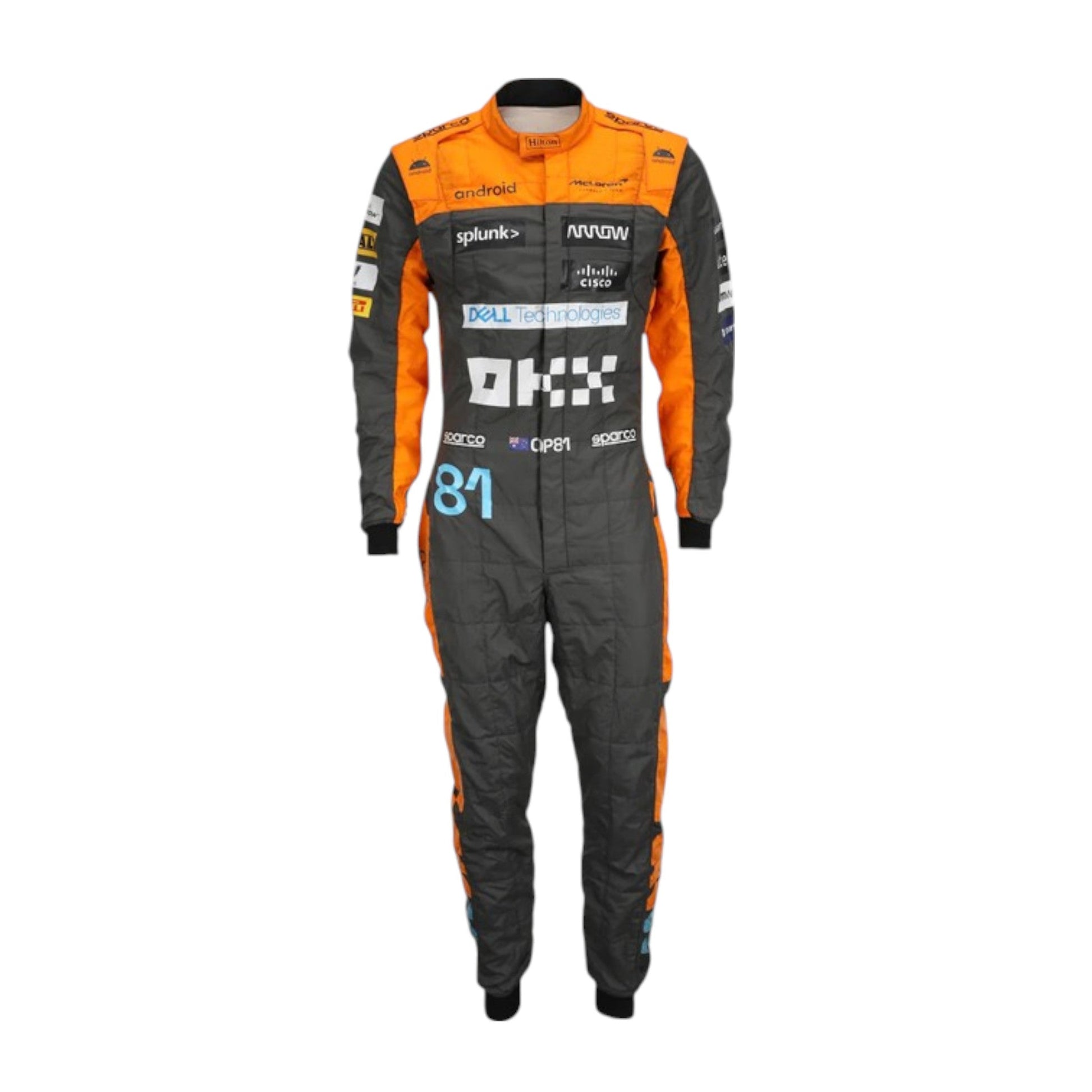 Oscar Piastri 2023 McLaren F1 race suit in papaya orange, dark grey, and blue with sponsor branding
