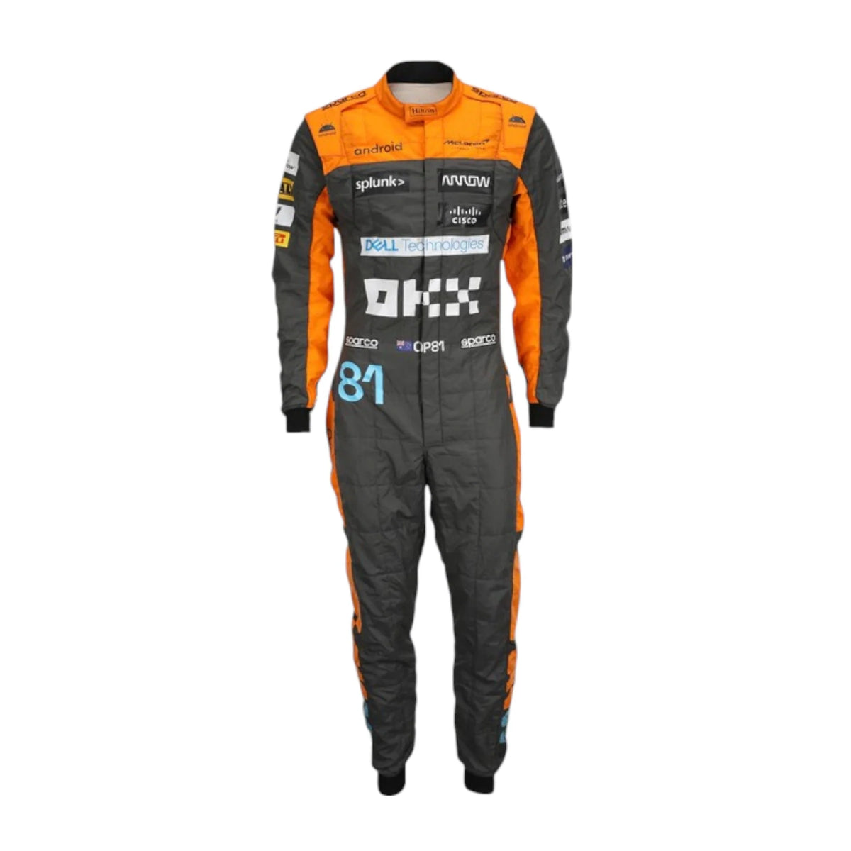 Oscar Piastri 2023 McLaren F1 race suit in papaya orange, dark grey, and blue with sponsor branding
