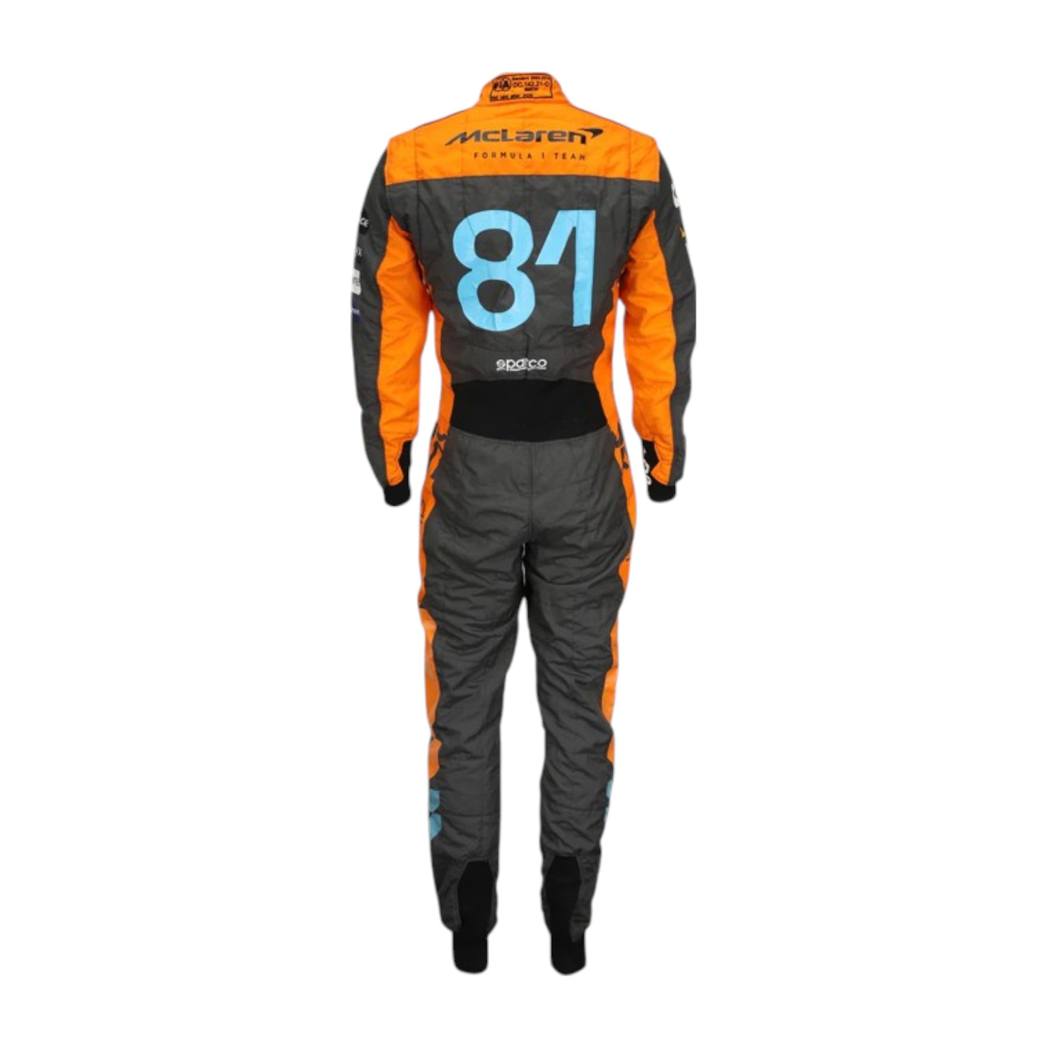 Oscar Piastri 2023 McLaren F1 race suit in papaya orange, dark grey, and blue with sponsor branding
