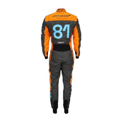 Oscar Piastri 2023 McLaren F1 race suit in papaya orange, dark grey, and blue with sponsor branding