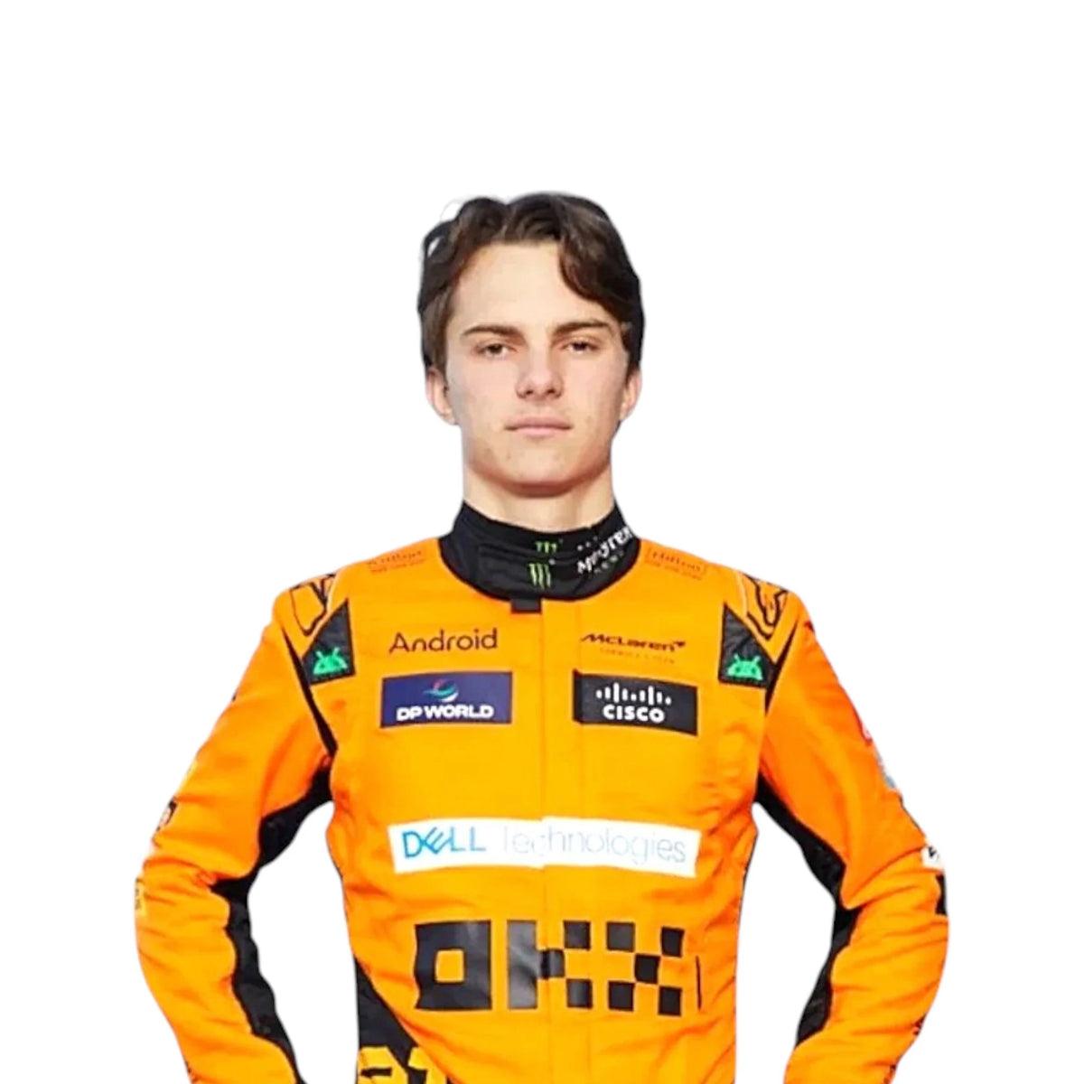 Oscar Piastri 2024 McLaren F1 race suit in papaya orange with black accents and sponsor detailing