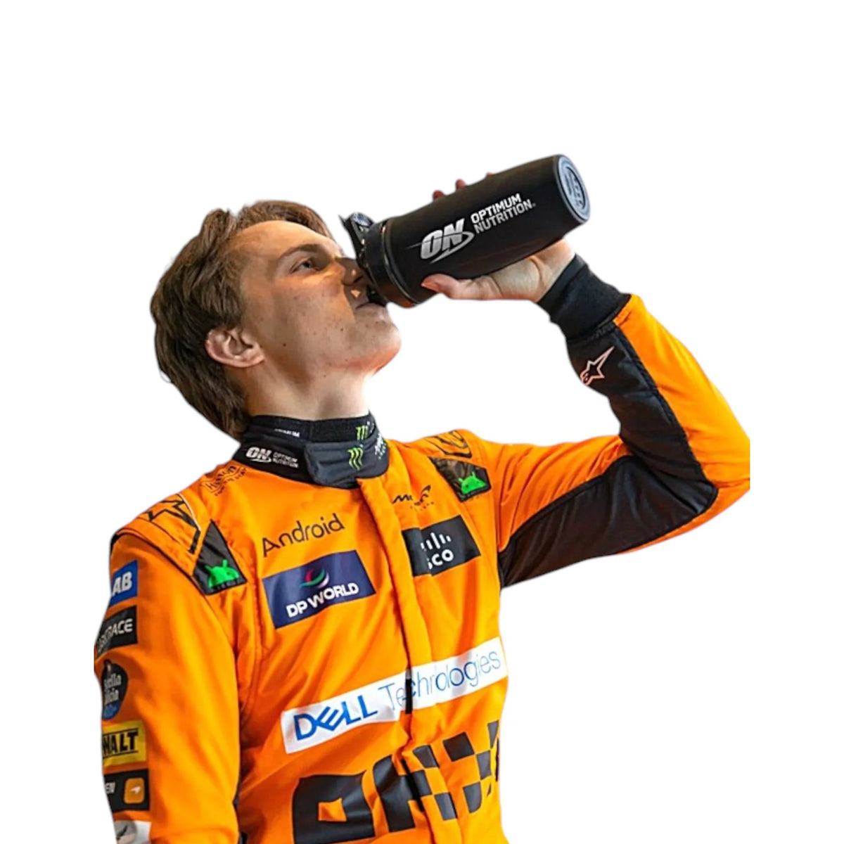 Oscar Piastri 2024 McLaren F1 race suit in papaya orange with black accents and sponsor detailing