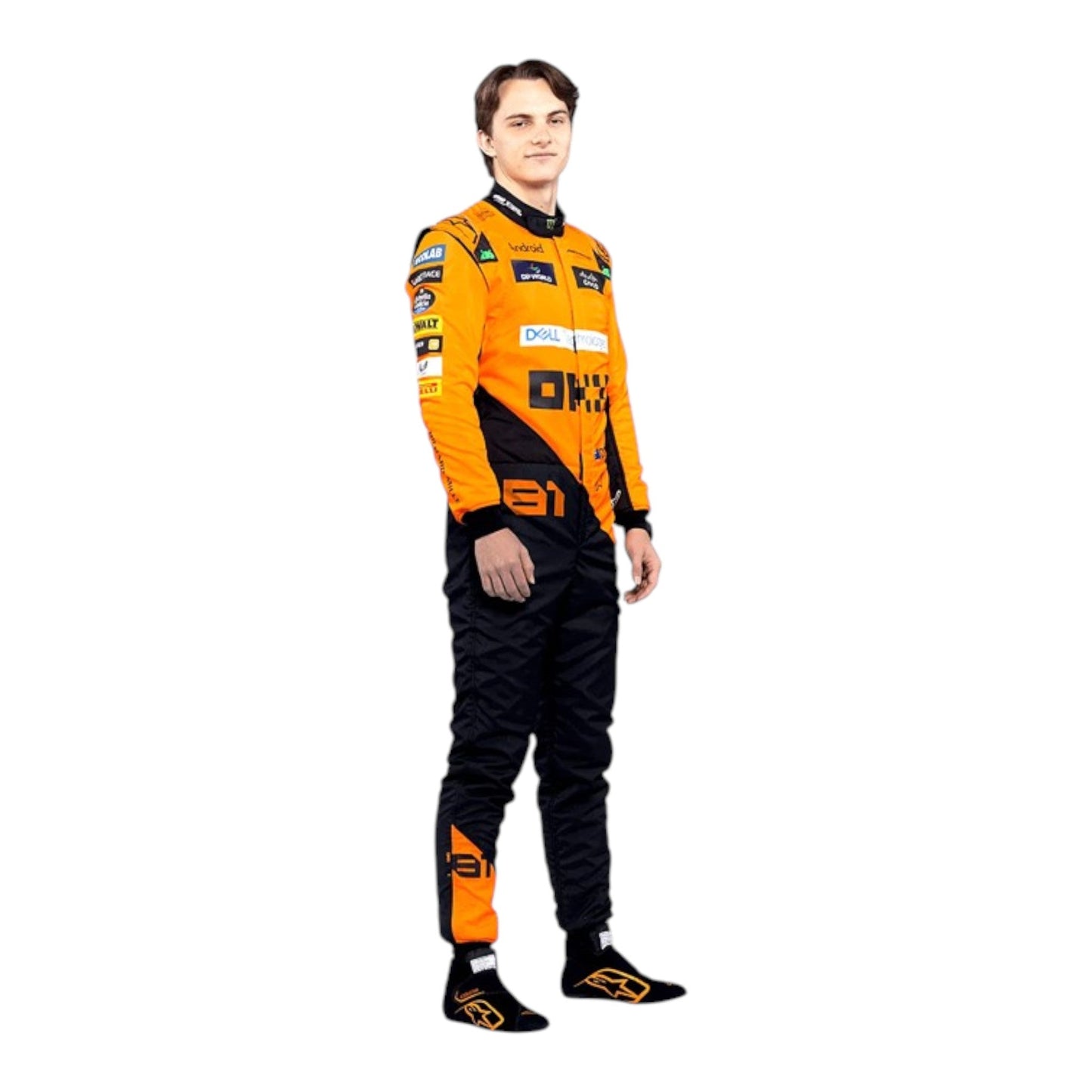 Oscar Piastri 2024 McLaren F1 race suit in papaya orange with black accents and sponsor detailing