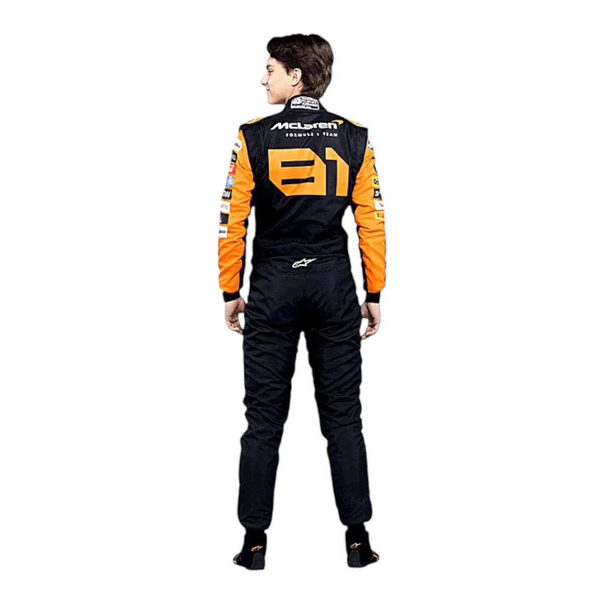Oscar Piastri 2024 McLaren F1 race suit in papaya orange with black accents and sponsor detailing