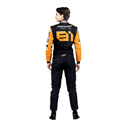 Oscar Piastri 2024 McLaren F1 race suit in papaya orange with black accents and sponsor detailing