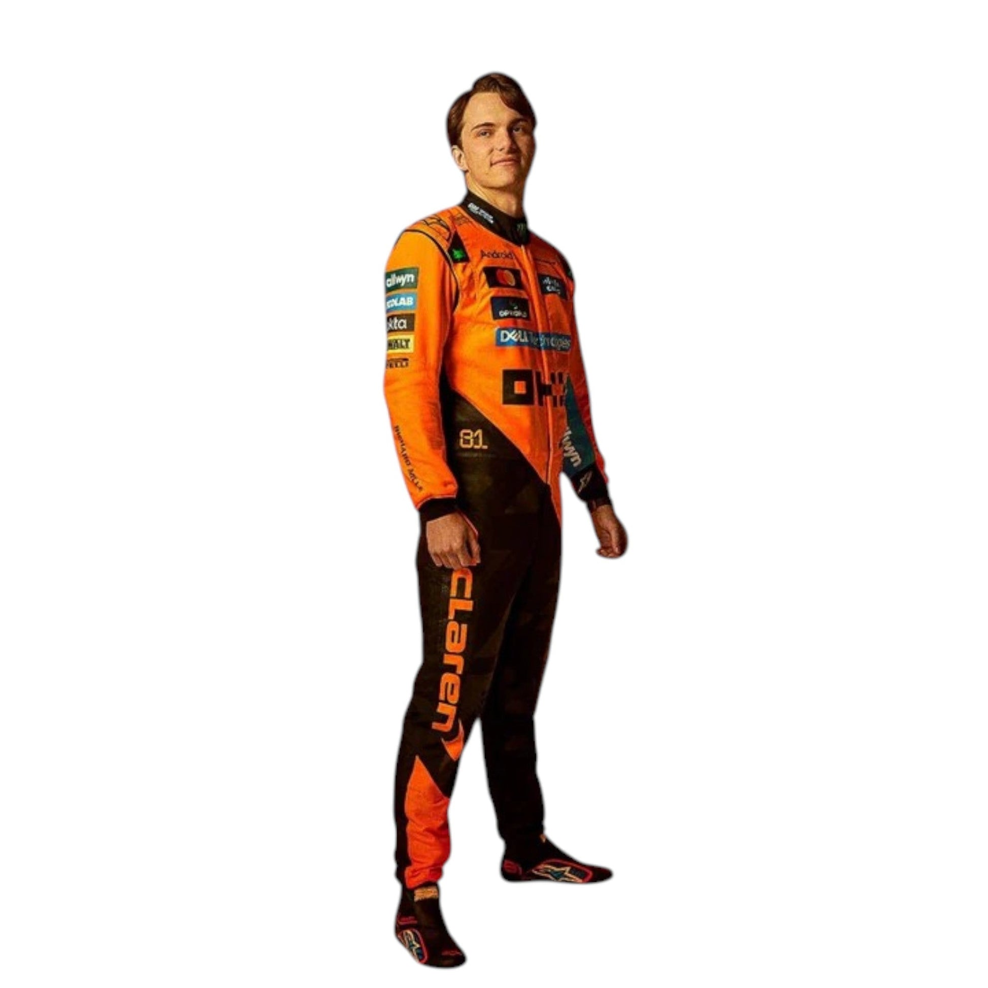 Oscar Piastri 2025 McLaren F1 race suit in papaya orange with black accents and sponsor detailing