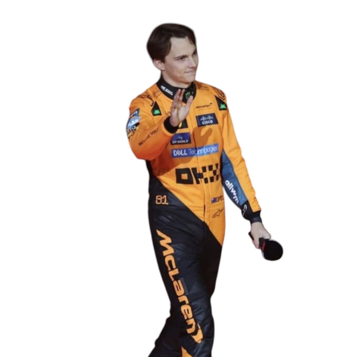 Oscar Piastri 2025 McLaren F1 race suit in papaya orange with black accents and sponsor detailing