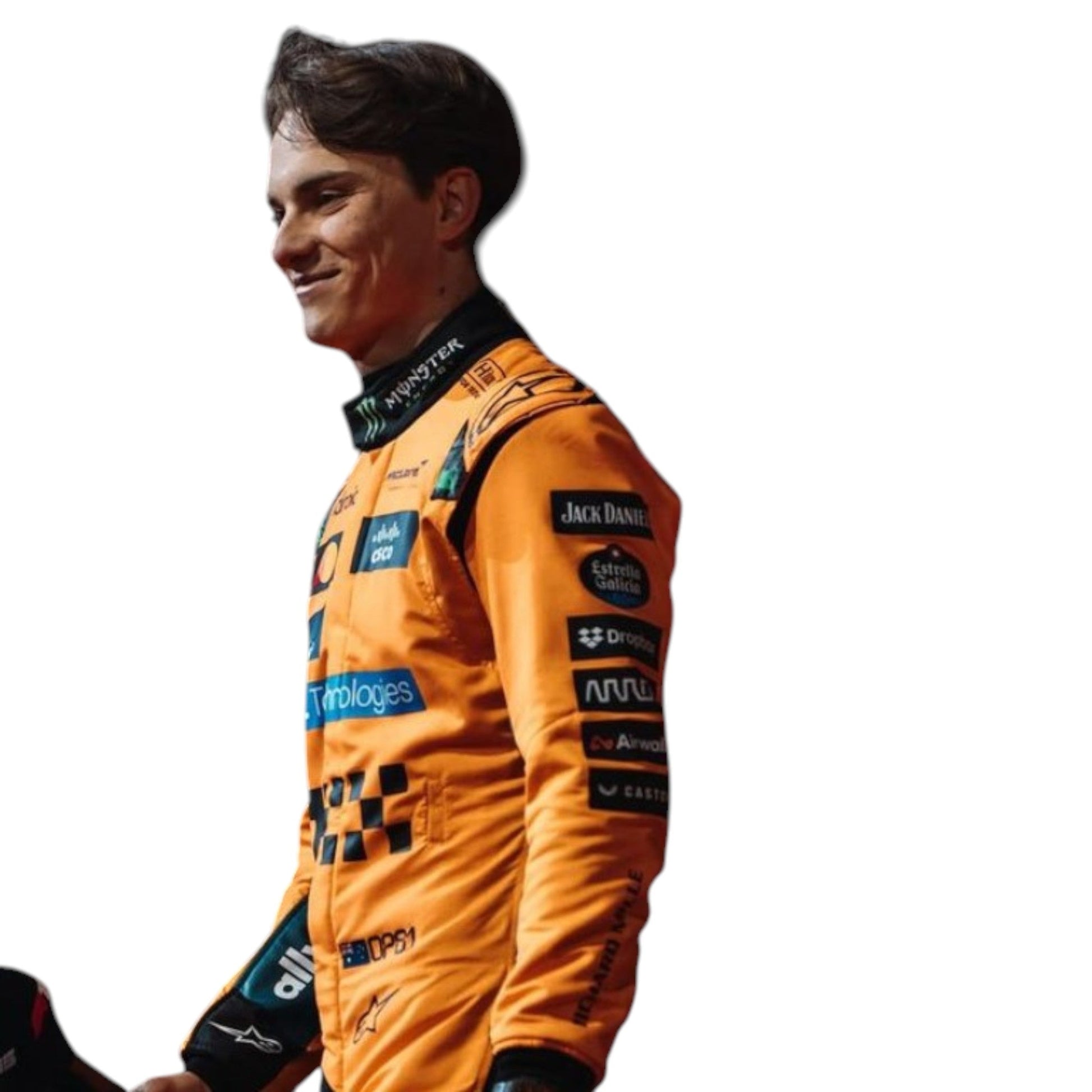Oscar Piastri 2025 McLaren F1 race suit in papaya orange with black accents and sponsor detailing