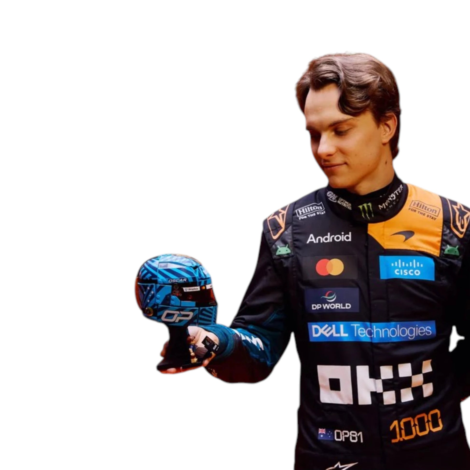 Oscar Piastri 2026 McLaren 1000th Monaco GP F1 race suit featuring a black, papaya orange and blue colourway with special edition McLaren detailing