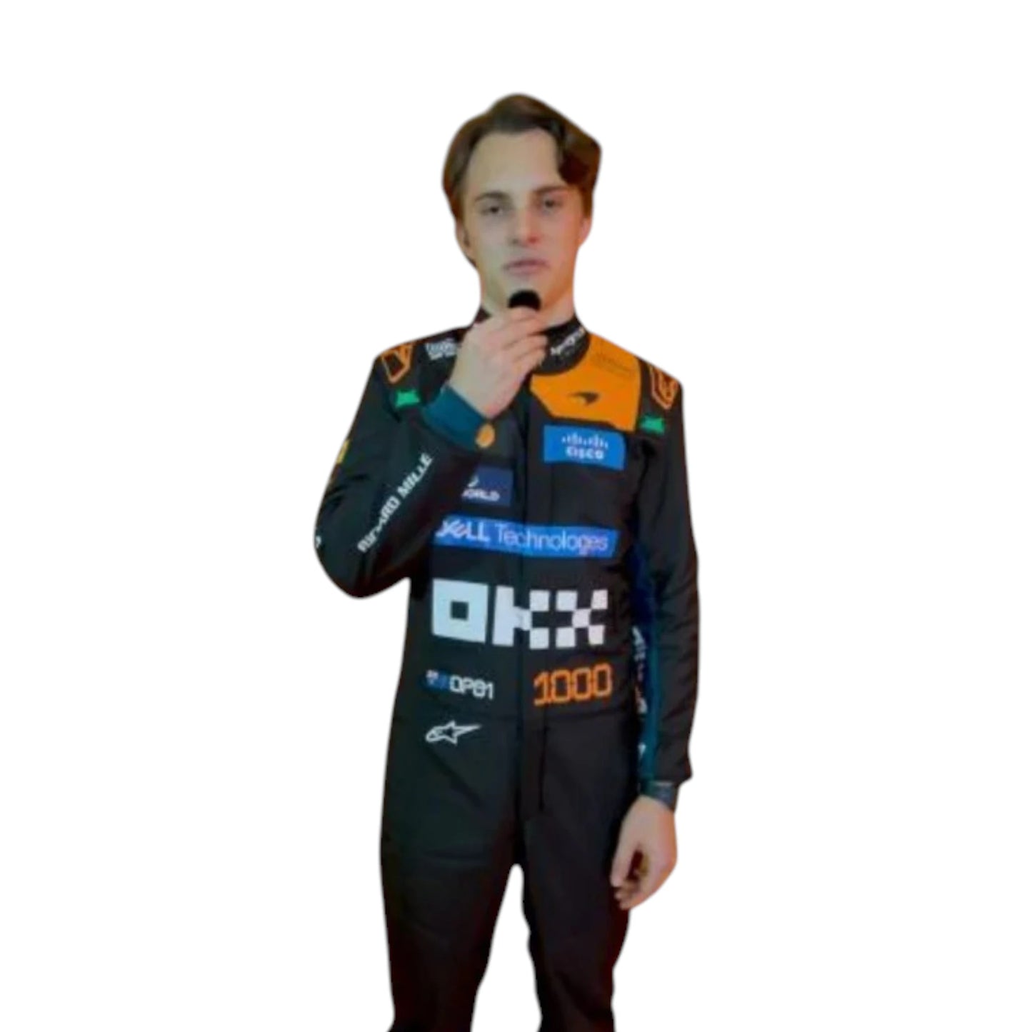 Oscar Piastri 2026 McLaren 1000th Monaco GP F1 race suit featuring a black, papaya orange and blue colourway with special edition McLaren detailing