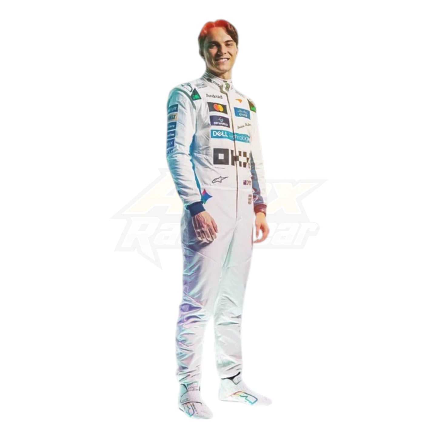 White Oscar Piastri 2026 McLaren British GP F1 Racing Suit with McLaren Formula 1 team sponsor logos and British GP special edition detailing