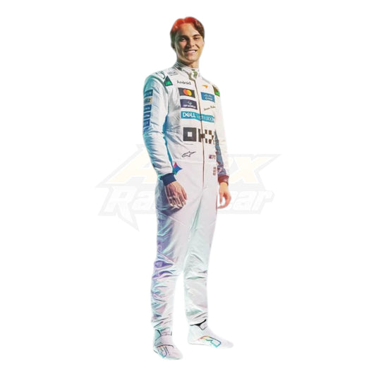 White Oscar Piastri 2026 McLaren British GP F1 Racing Suit with McLaren Formula 1 team sponsor logos and British GP special edition detailing