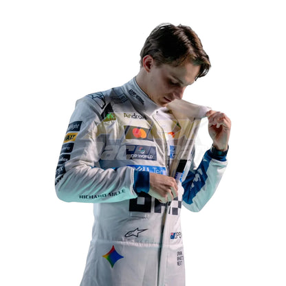White Oscar Piastri 2026 McLaren British GP F1 Racing Suit with McLaren Formula 1 team sponsor logos and British GP special edition detailing