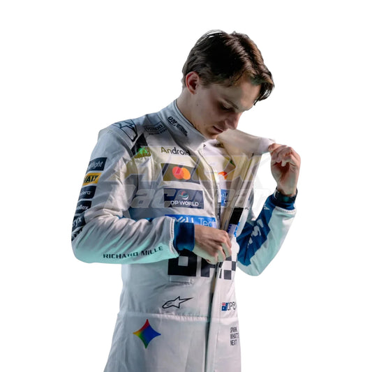 White Oscar Piastri 2026 McLaren British GP F1 Racing Suit with McLaren Formula 1 team sponsor logos and British GP special edition detailing