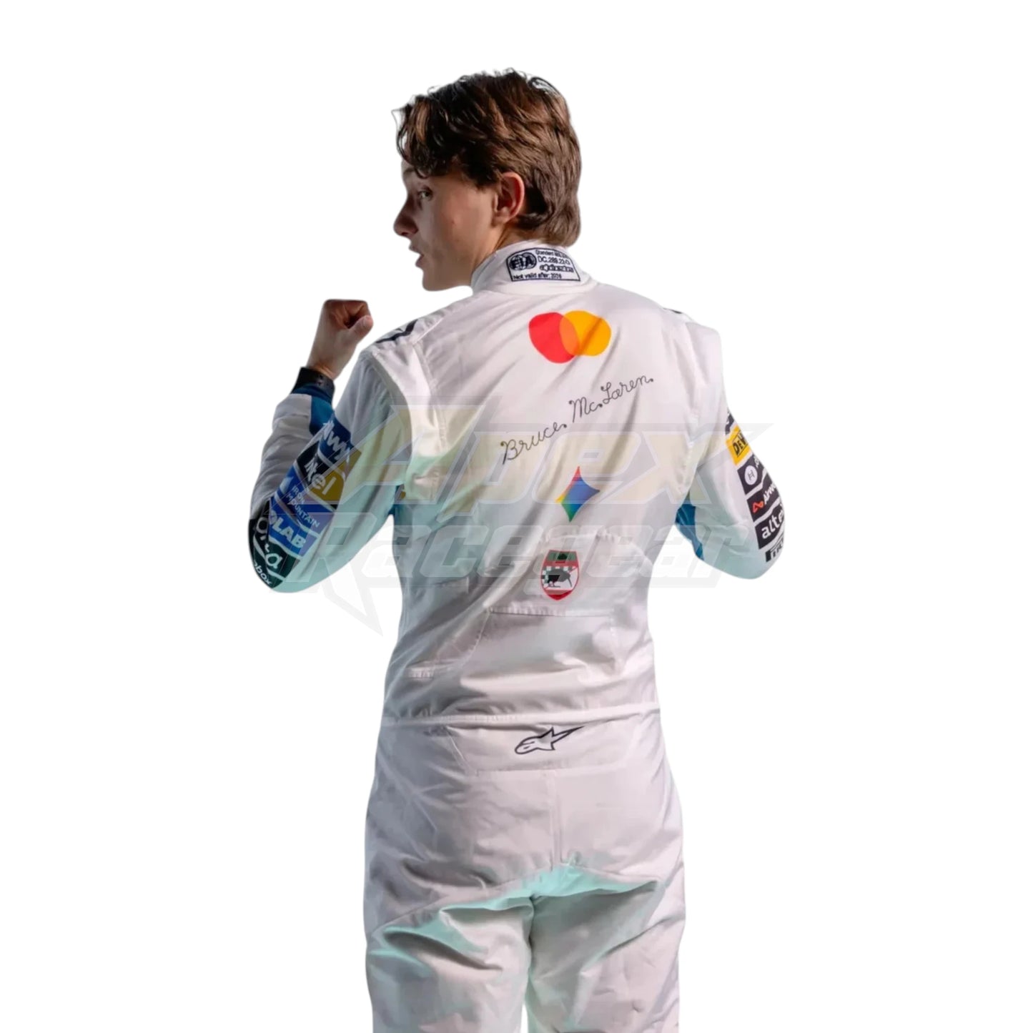White Oscar Piastri 2026 McLaren British GP F1 Racing Suit with McLaren Formula 1 team sponsor logos and British GP special edition detailing