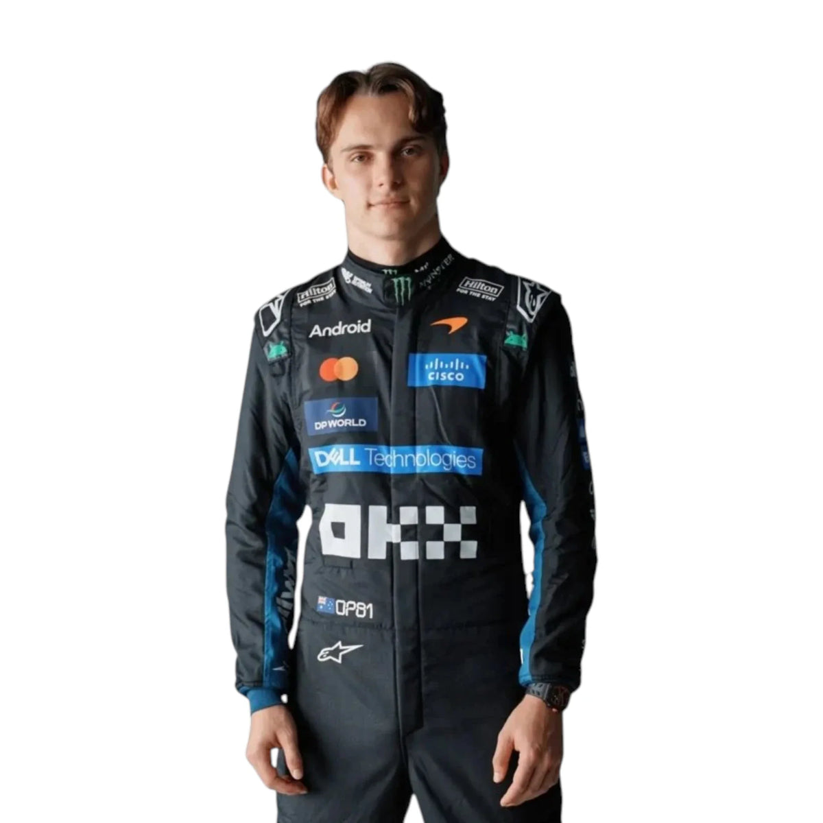 Oscar Piastri 2026 McLaren Monza GP F1 Racing Suit in black featuring McLaren team branding and sponsor logos