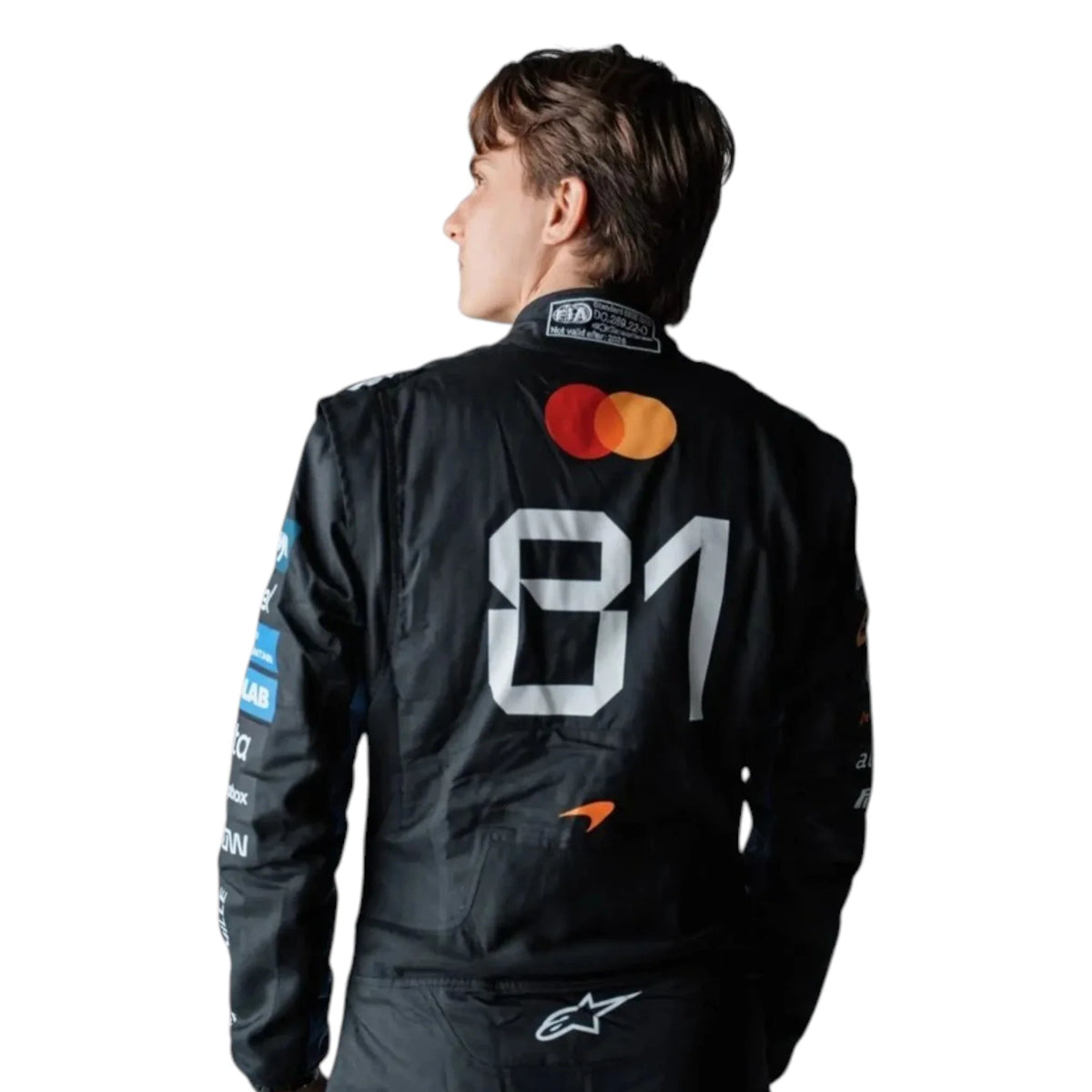 Oscar Piastri 2026 McLaren Monza GP F1 Racing Suit in black featuring McLaren team branding and sponsor logos