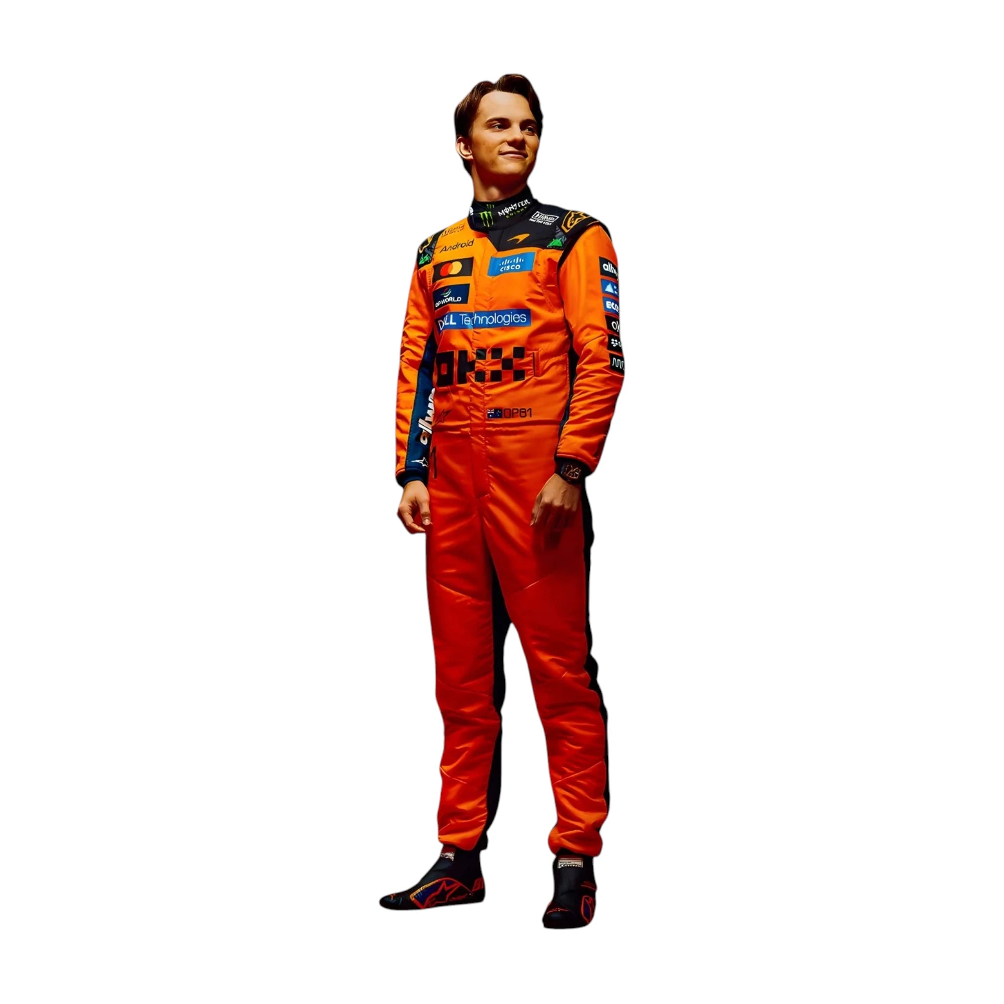 Oscar Piastri 2026 McLaren F1 race suit in papaya orange with black accents and sponsor logos