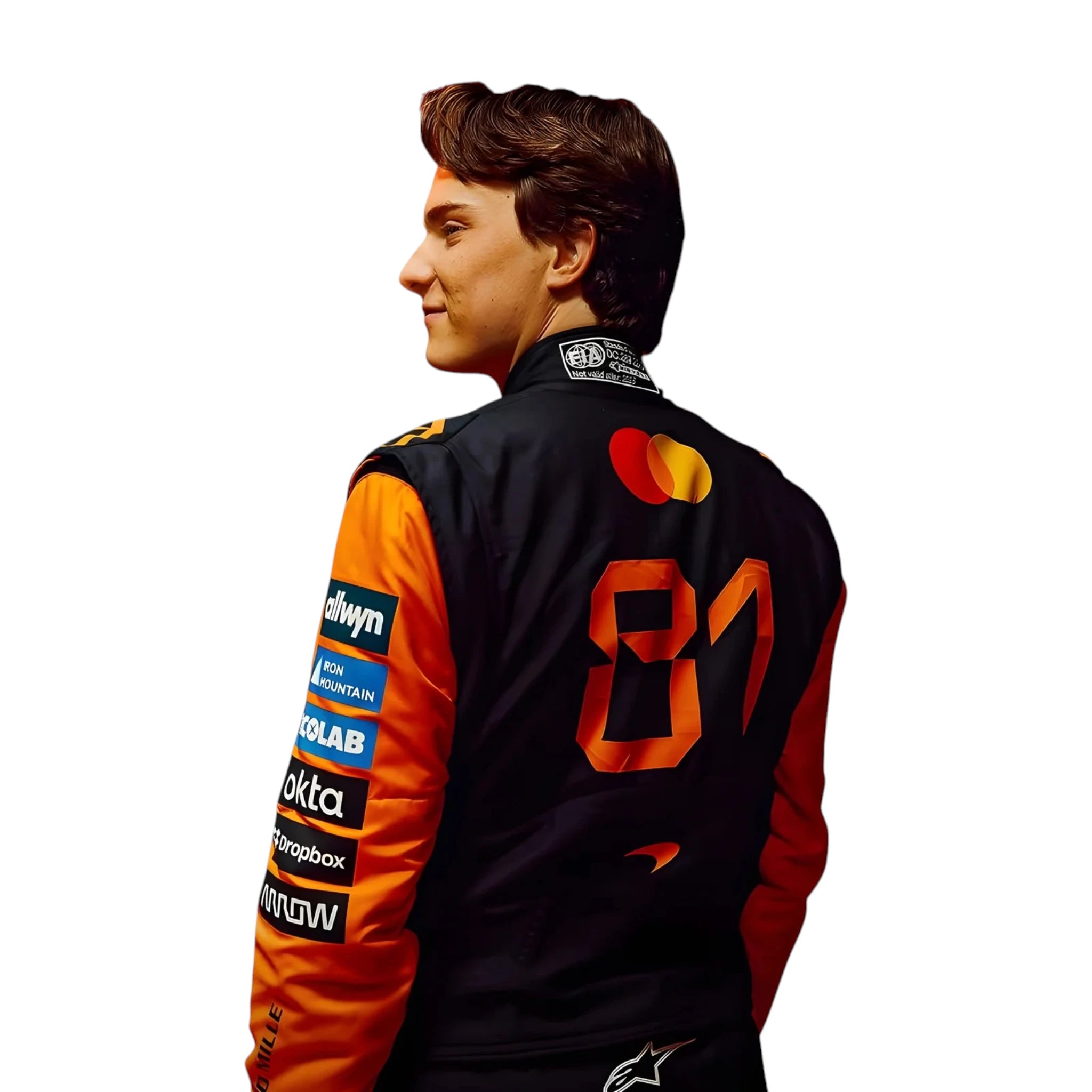 Oscar Piastri 2026 McLaren F1 race suit in papaya orange with black accents and sponsor logos