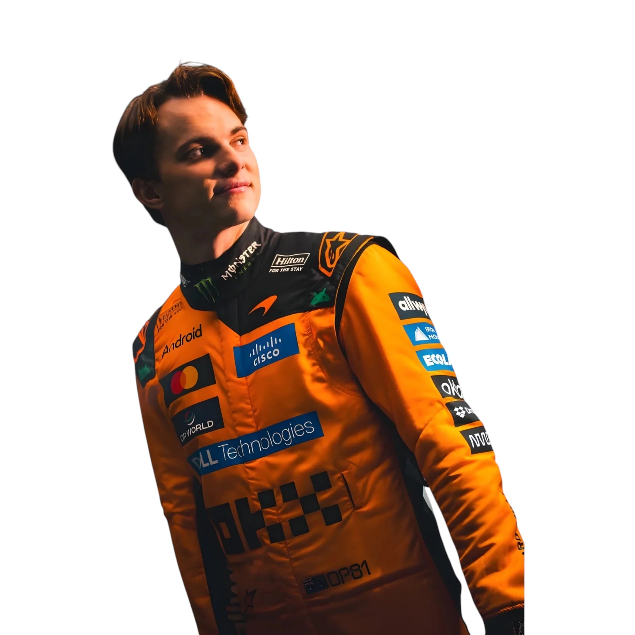 Oscar Piastri 2026 McLaren F1 race suit in papaya orange with black accents and sponsor logos