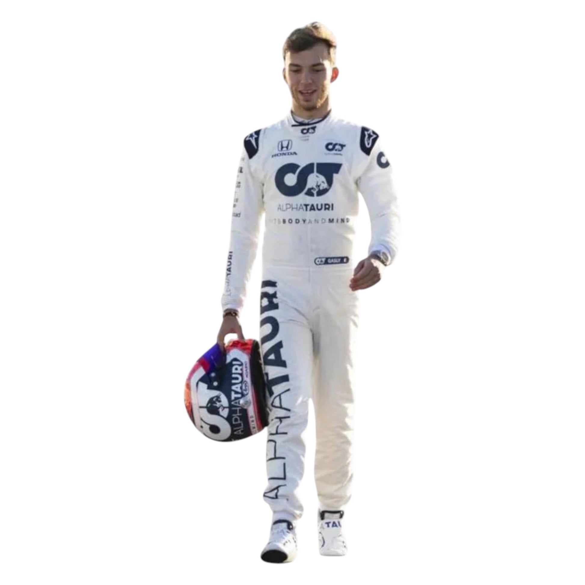 Pierre Gasly 2020 AlphaTauri F1 race suit in white and navy blue with sponsor logos