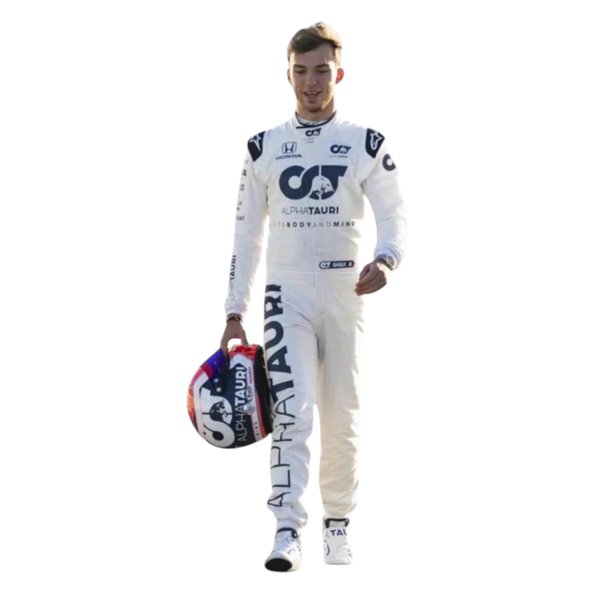 Pierre Gasly 2020 AlphaTauri F1 race suit in white and navy blue with sponsor logos