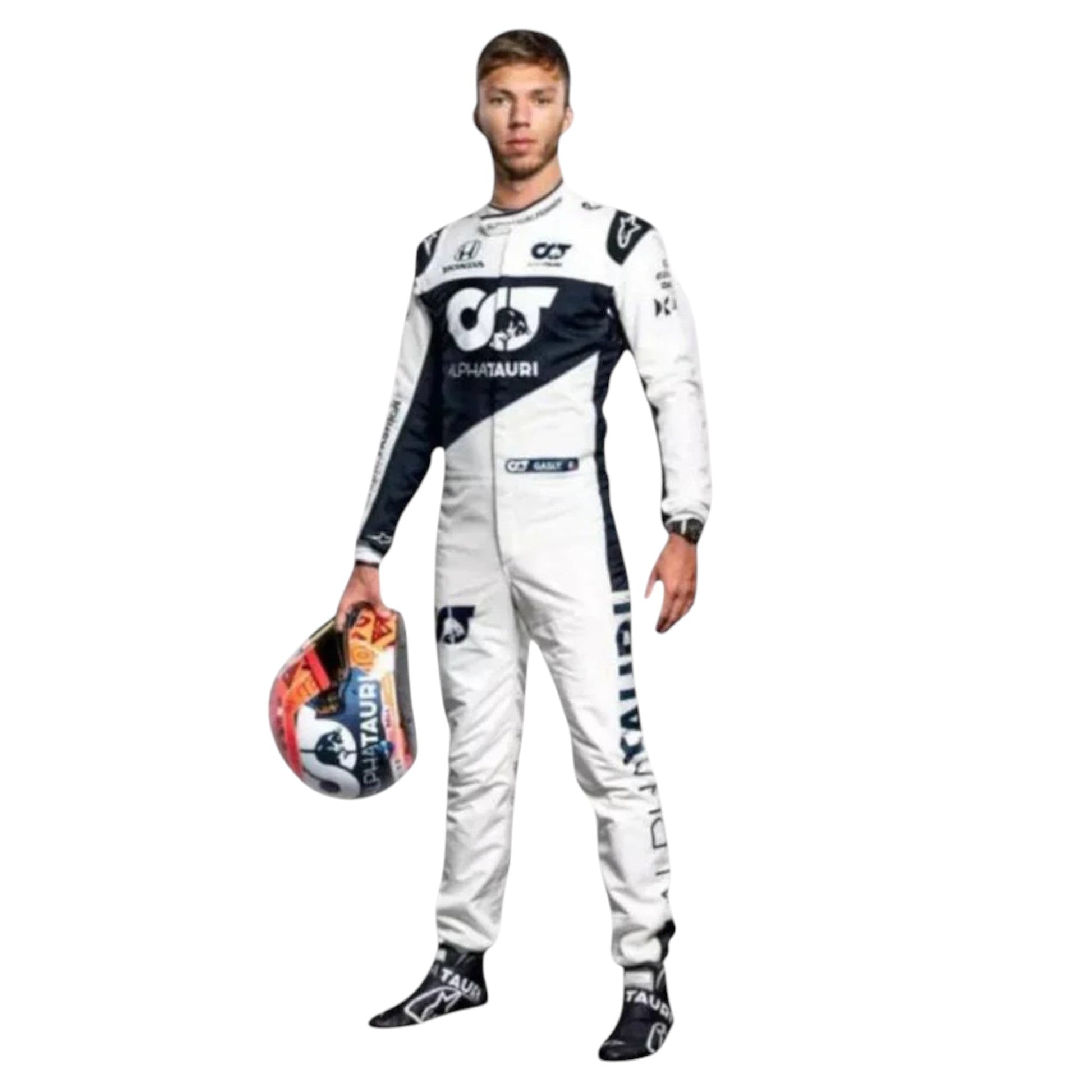Pierre Gasly 2021 AlphaTauri F1 race suit in white and navy blue with sponsor logos
