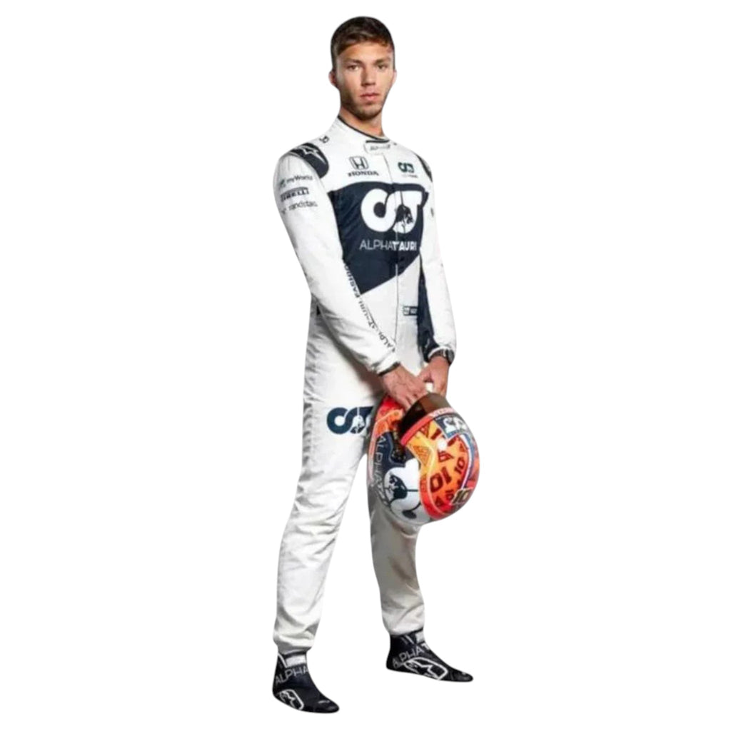 Pierre Gasly 2021 AlphaTauri F1 race suit in white and navy blue with sponsor logos